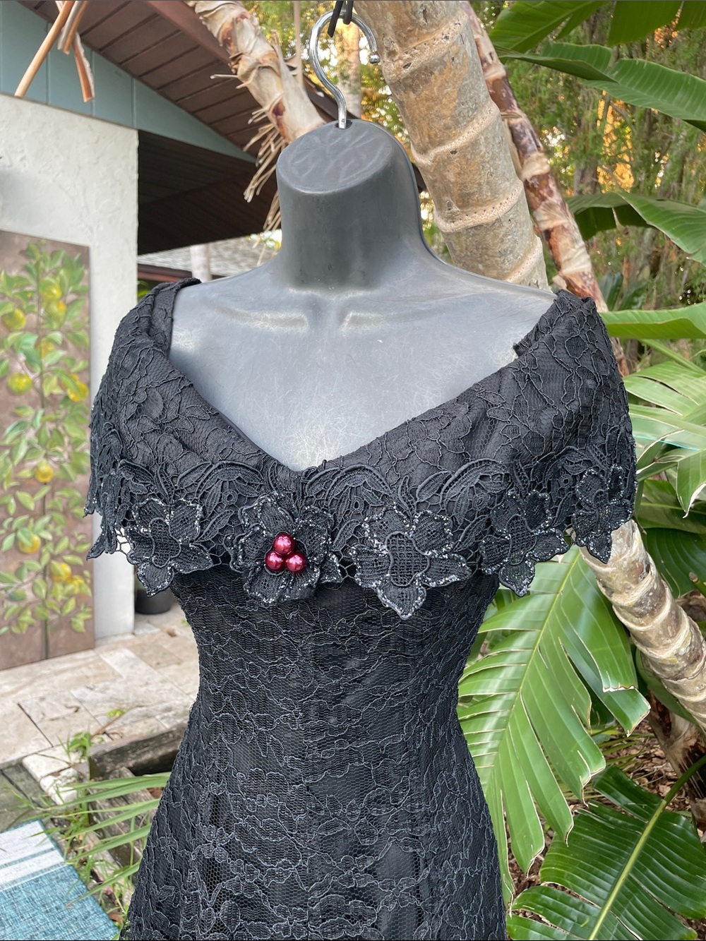 lace vintage off the shoulder, midi dress with purple pearl beading - Picture 3 of 9